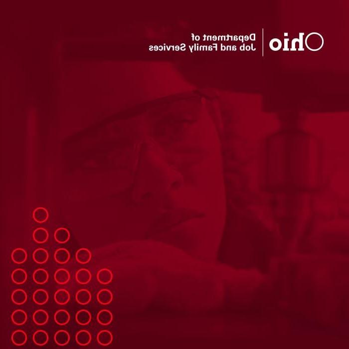 Ohio Department of Jobs and Family Services social media still photo of female industrial worker with the brand’s red overlay and logo